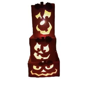Vintage Halloween Pumpkin With Lights Jack O Lantern Tower Provo Crafts Set Of 3